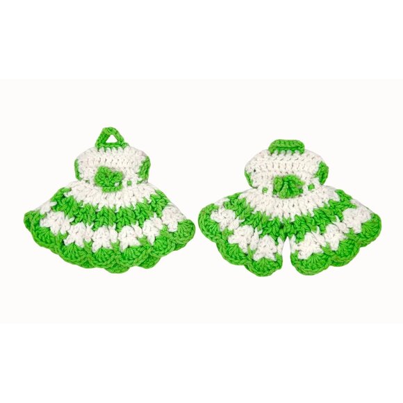 VTG Lot of 2 Handmade Crochet Dress & Pants Kitchen Pot Holders MCM Kitsch - Picture 1 of 4